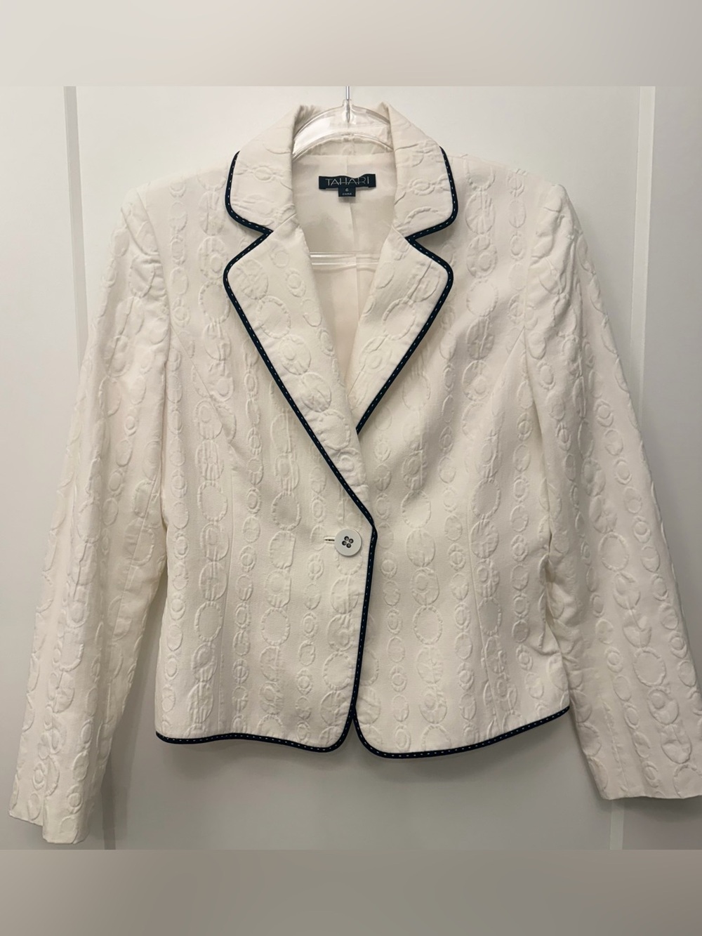 Tahari Women's White Textured Circle Pattern Single-Button Blazer Jacket Navy Tr